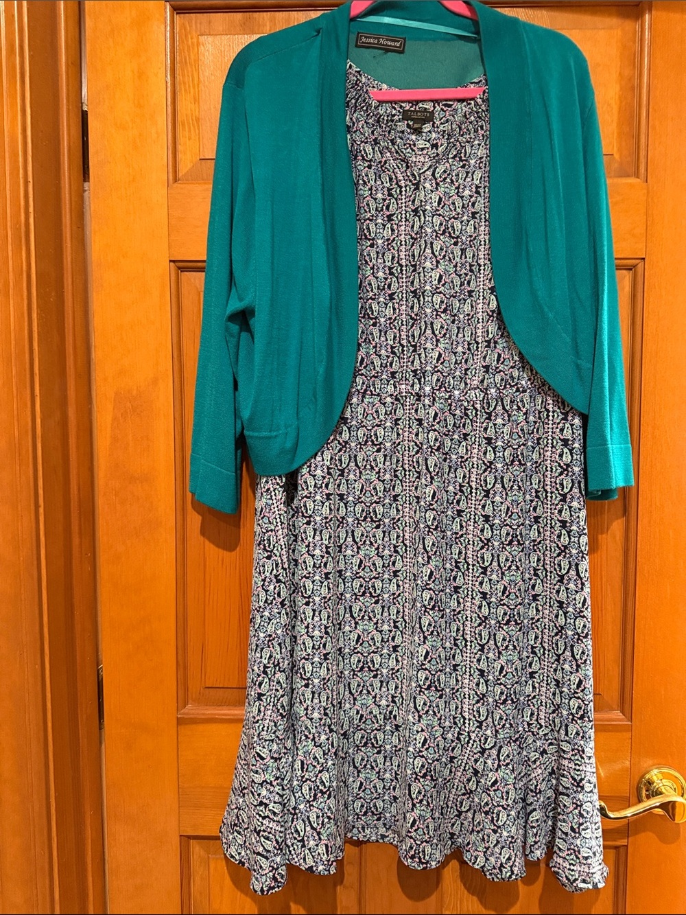 Teal Shrug with Multicolor Printed Midi Dress